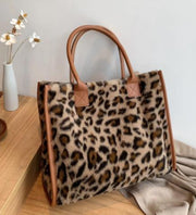 Top-Handle Bags Retro Cow Leopard Print PU Leather Plush Design Autumn Winter Fashion Small Women Small Handbags